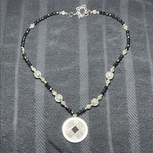 Black and Silver Beaded Coin Pendant Necklace